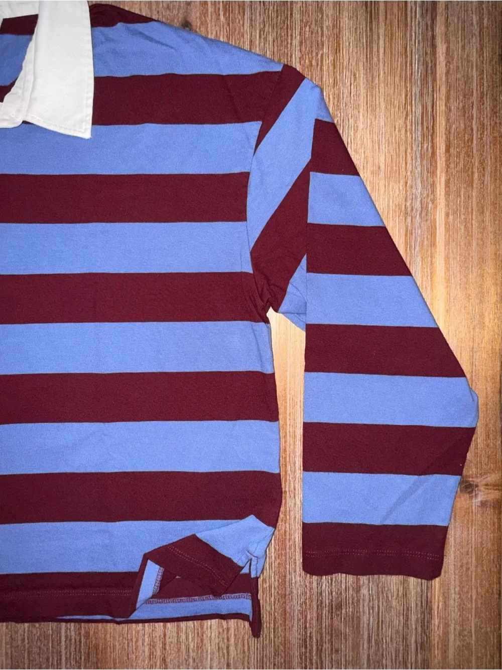 J. Crew Women’s Light Blue and Burgundy Striped Rugby Polo with White Collar